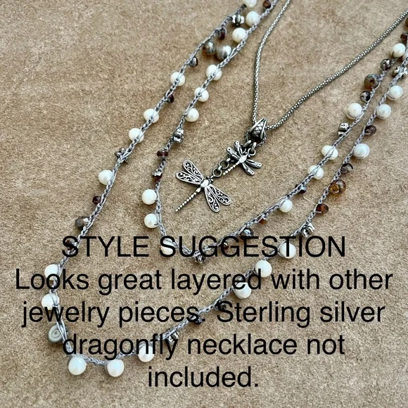 ARTISAN Necklace “Pearly Latte” on Mocha Beige Long Crocheted Wrap - Picture 9 of 12